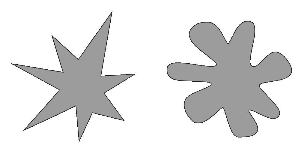 Imagen conteniendo una forma puntiaguda, que se asocia con el nombre Kiki o Takete, y otra con curvas y más redondeada, asociada con los nombres inventados Maluma i